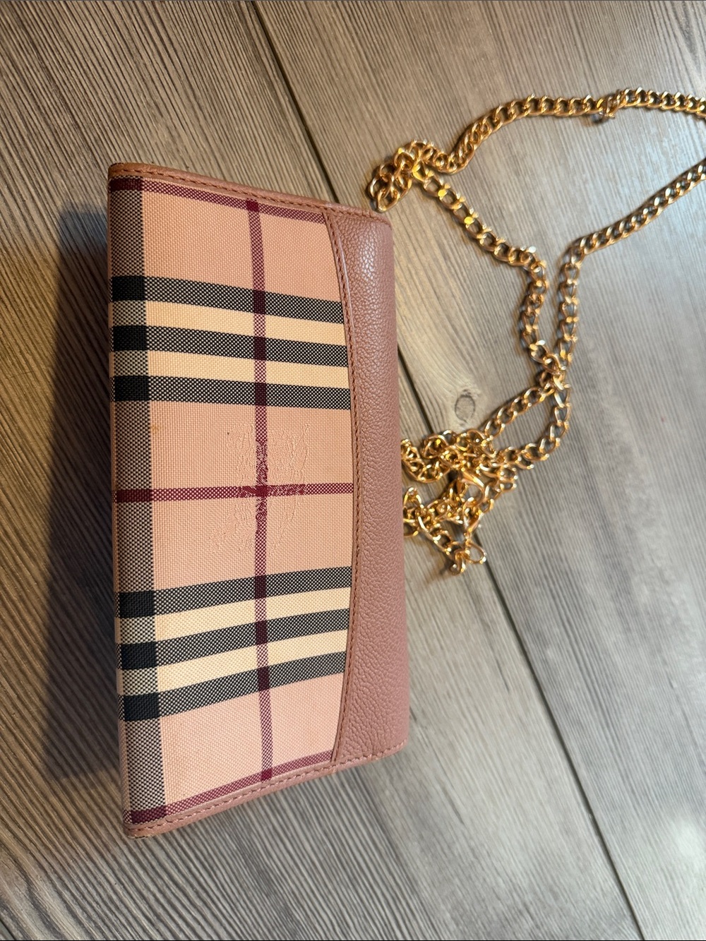 Burberry pink leather and house check canvas chain wallet - Picture 5 of 12
